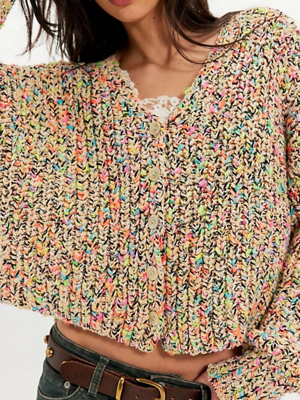 NWT Free People Flea Market Contrast Knit Cropped Slouchy Cardi Size M